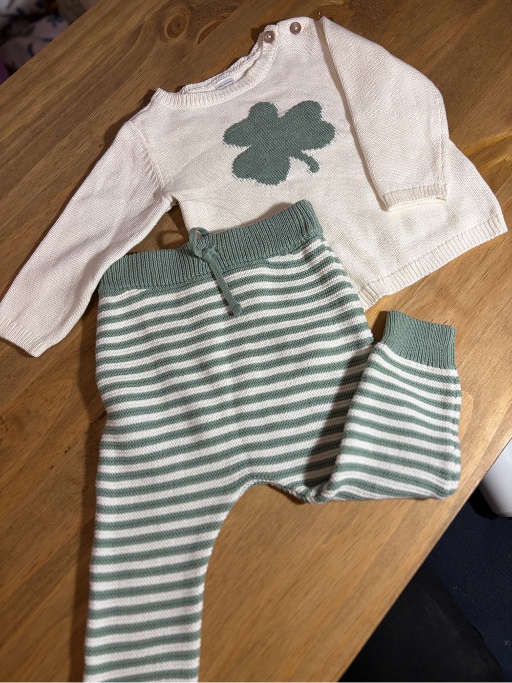 Carter's Cream Sweater Set with Sage Clover and Striped Pants